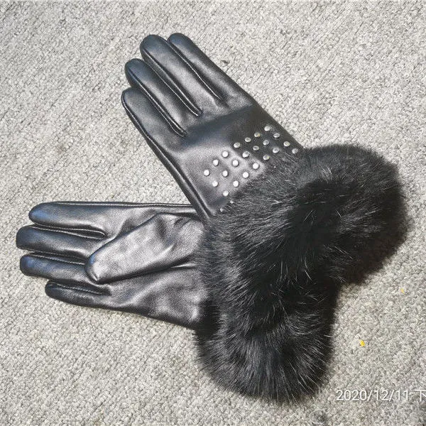 Winter Womens Outdoor Keep Warm Sheepskin Rex Rabbit Fur Velvet Windproof Leather Gloves Fashion Rivet Design3759535