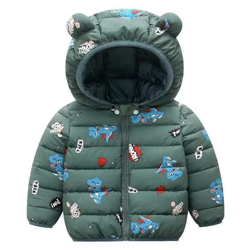 Arrivo inverno bambino bambino animale dinosauro modello pois stelle stampa con cappuccio piumino vestiti 210528