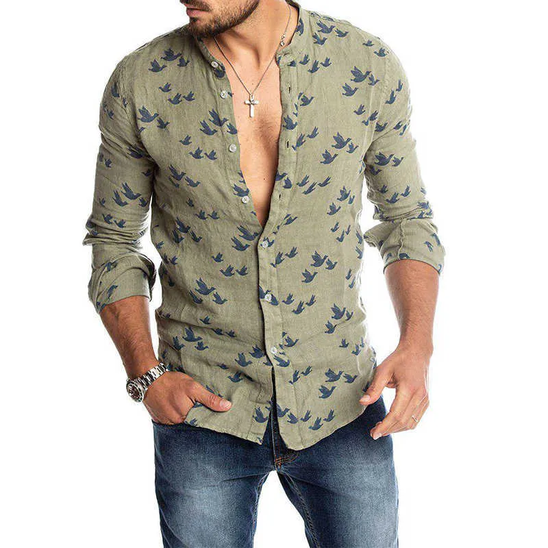 Mens Fashion Casual Printed Shirts Social Summer Hawaiian Slim Fit Button Down Korean Cut Collar Long Sleeve Male Business Beach 210721
