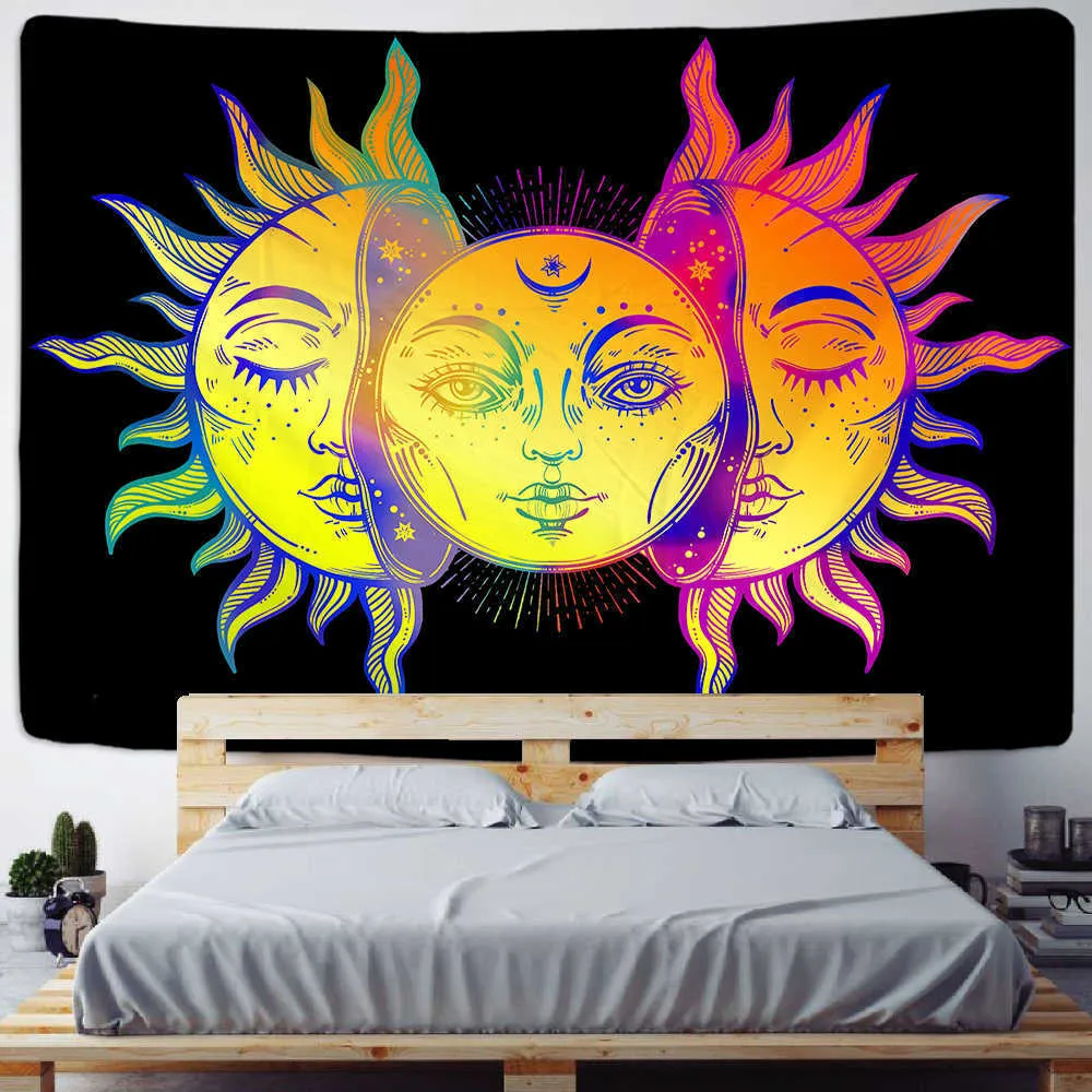 Mandala tapisserie blanc noir soleil et lune tenture Bagua Hippie dortoir décoration couverture 210609