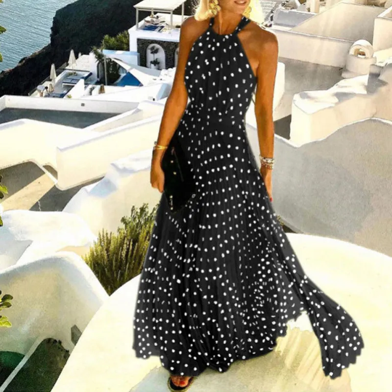 Kvinnor Sexig Halter O-hals Boho Lång Klänning Sommar ärmlös veckad Maxi Festklänning Elegant Dam Polka Dot Beach Dress Vestidos X0521