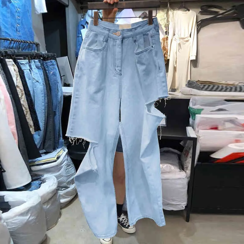Korean Style High Waisted Women Wide Leg White Jeans Fashion Hole Denim Pants Casual Loose Pantalones Mujer 210514