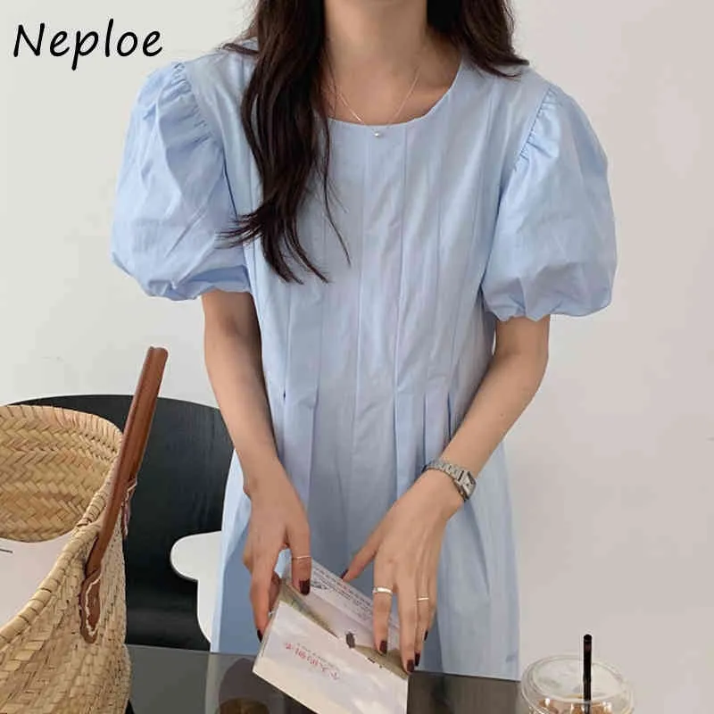 O Neck Puff Short Sleeve Solid Klänning Kvinnor Hög midja Höft En Linje Lång Vestidos Sommar Candy Color Robe Wild 210422