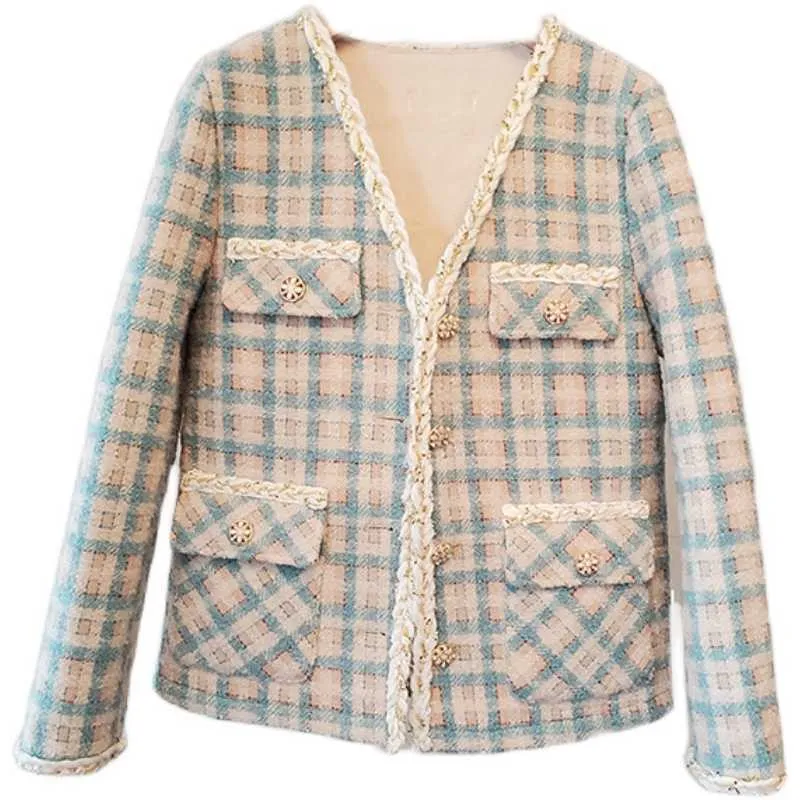 Arrivée printemps haute qualité Vintage Tweed veste manteau femmes Plaid gland mince laine vestes bureau travail porter Outwear 210529