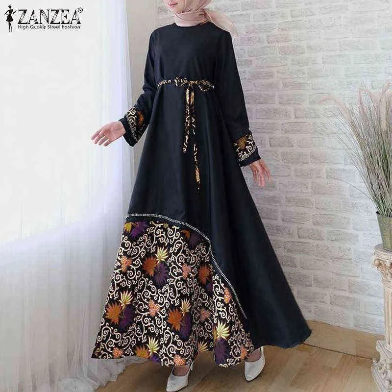 Muslimska abaya hijab klänning zanzea kvinnor vintage blommig tryckta maxi sundress höst långärmad bälte lång vestido kaftan marocain y1204