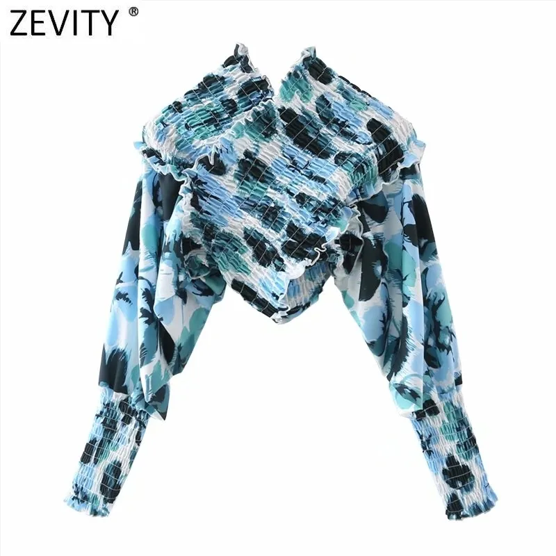 Women Sexy Off Shoulder Digital Print Slim Short Blouse Female Cross Elastic Ruffles Shirt Chic Blusas Tops LS7616 210420