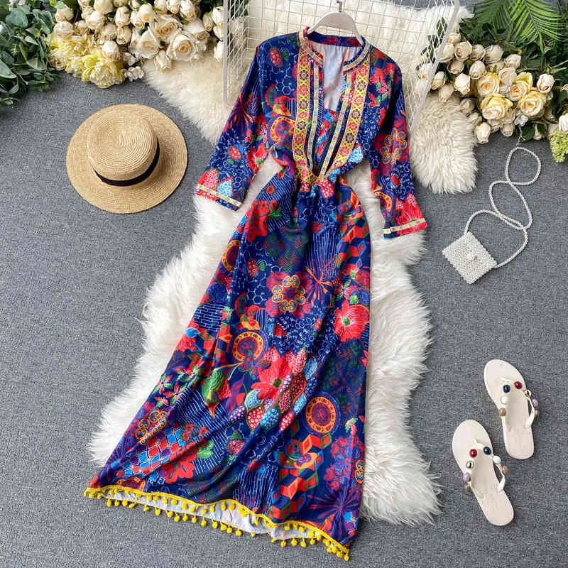 Robe d'été pour femmes Style ethnique imprimé frangé rétro ample décontracté à manches longues femme es LL049 210506