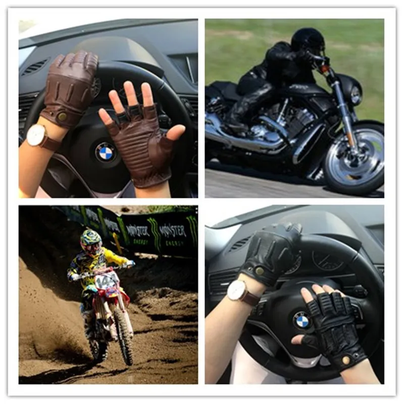Moda antypoślizgowa Rękawiczki do połowy palec Letnie Mężczyźni Koadskin Motocykl Skórzane Męskie Pół-palce