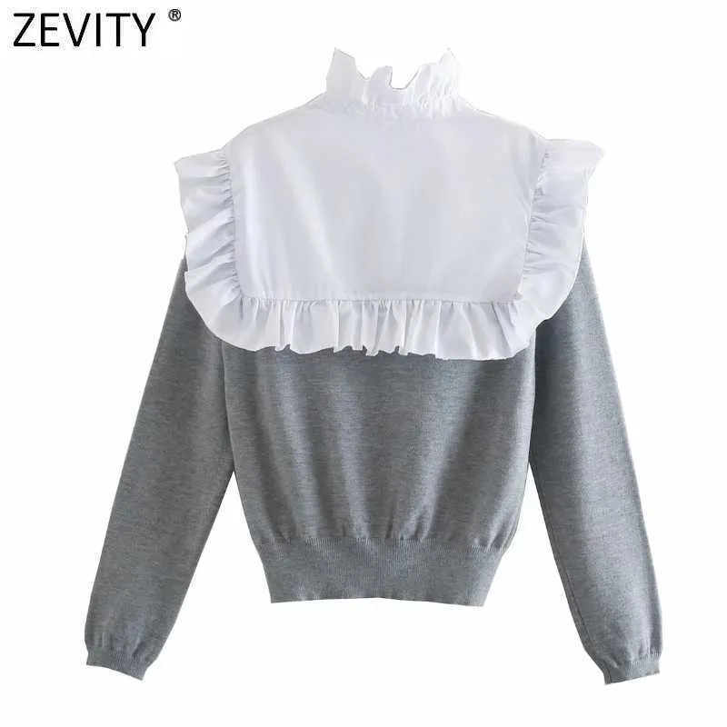 Zevity Women Sweet Agaric Lace White Poplin Patchwork Knitting Blouse Female Bow Tie Chic Femininas Shirt Ruffle Tops LS7319 210603