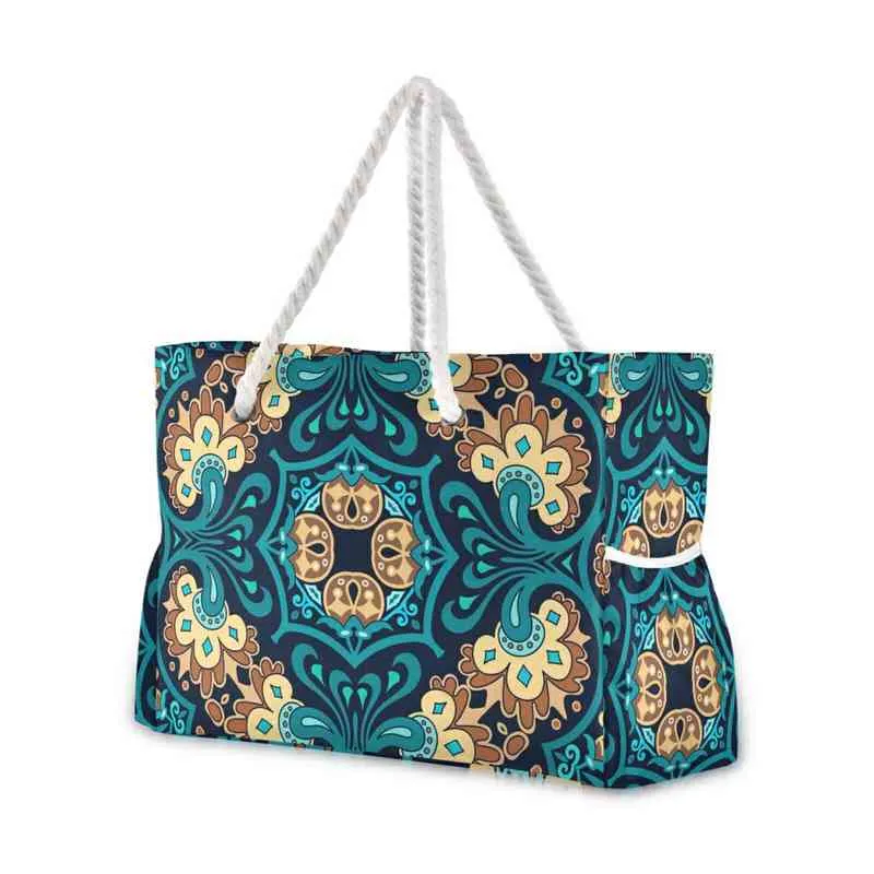 Shopping bags, nylon shoulder bags with Mandala embossed women, shopping bags with creative ropes, large, summer 220310