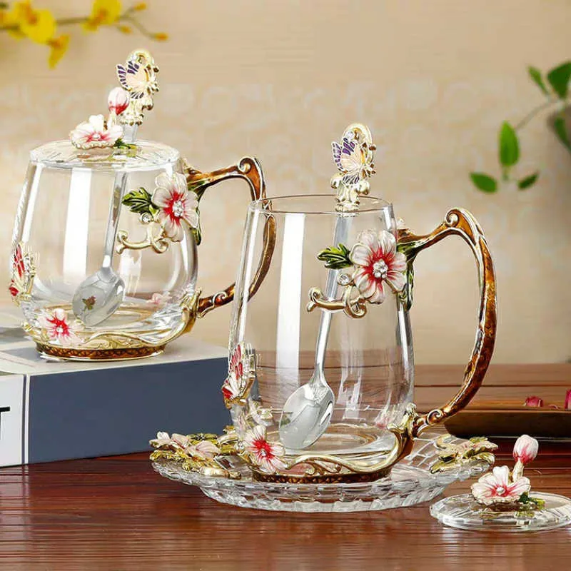 Beauté et nouveauté Tasse à café en émail Tasse à thé en verre Tasses en verre pour boissons froides Tasse à thé Cuillère Ensemble Cadeau de mariage parfait 210804