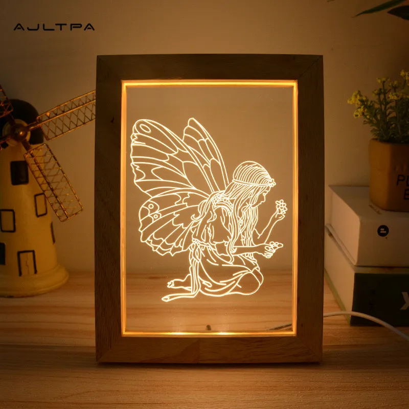 Faveur de fête Led cadre Photo en bois lampe 3D acrylique USB Table veilleuse noël fête de mariage chambre décoration cadeau