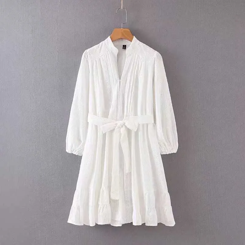 Verão Primavera Moda Malha Rendas Branco Mulheres Botão Frente Jacquard Camisa Vestido de Smeock com cintura e detalhe de fralas 3ETK 210603