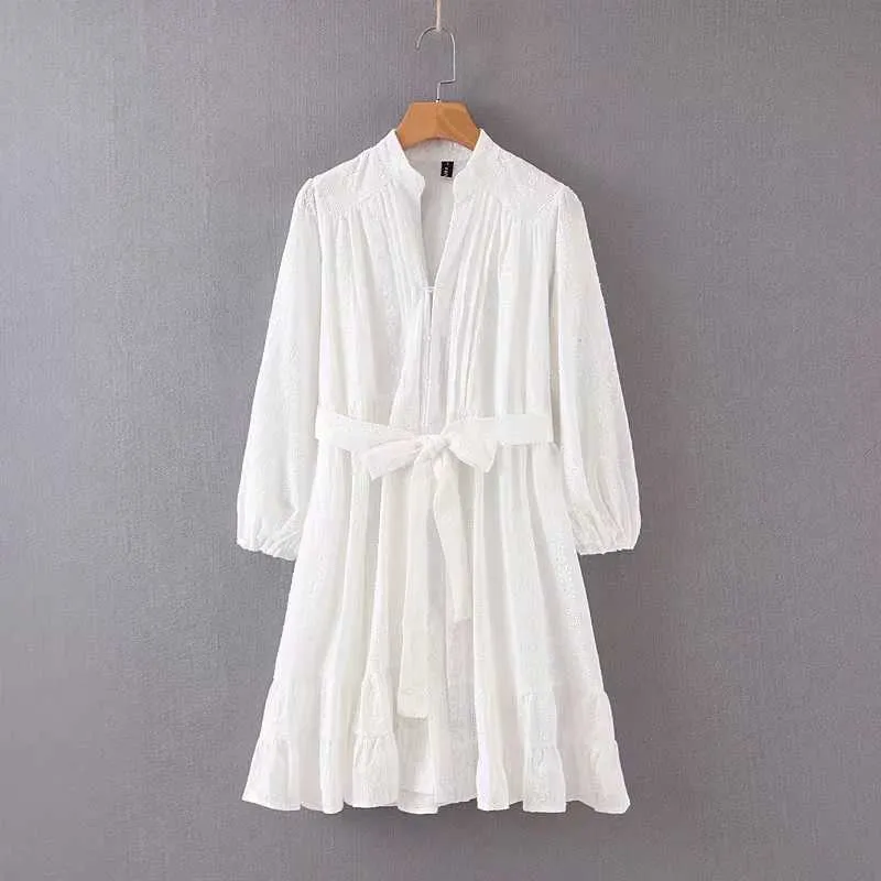 Yaz Bahar Moda Örgü Dantel Beyaz Kadın Düğme Ön Jakarlı Gömlek Smock Elbise ile Bel ve Fırfır Detay 3ETK 210603