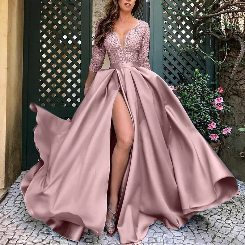 2021 Robes de soirée rouge noir portent illusion cristal manches longues perles haut côté fendu longueur de plancher robe de soirée robes de bal Open317E