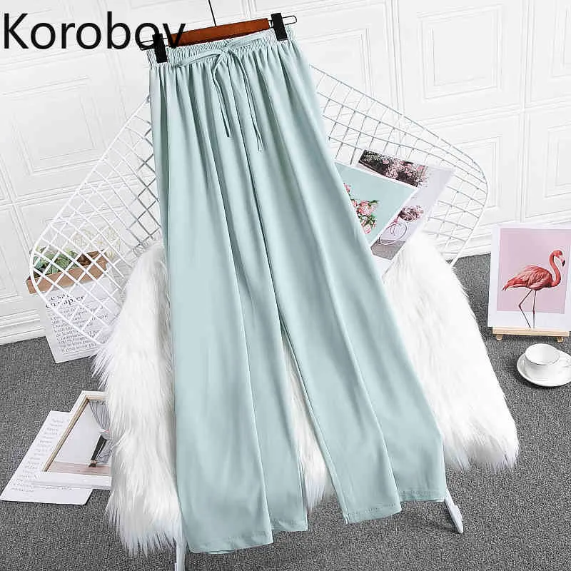 Korobov nieuwe solide zomer vrouwen hoge taille broek Koreaanse losse casual brede beenbroek veters kantoor dame vrouwen broek 210430