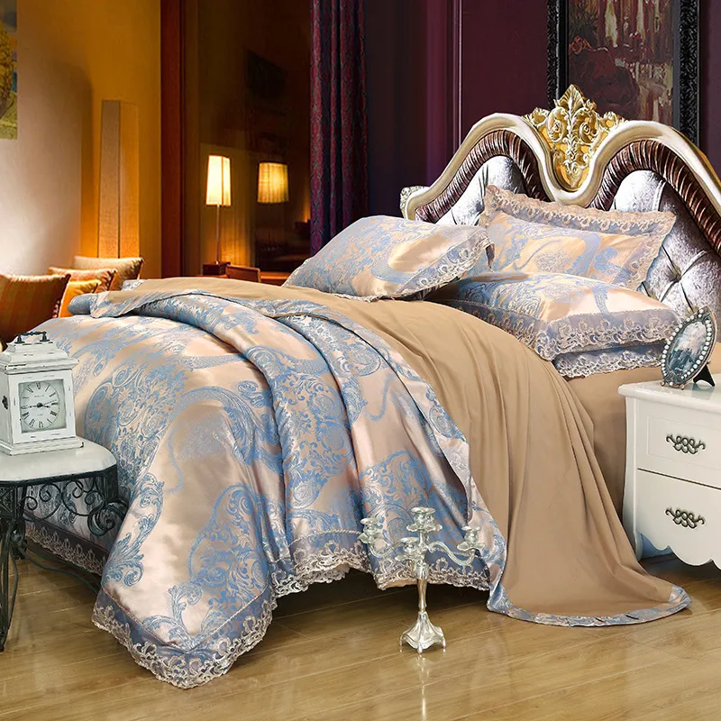 Gold silver coffee jacquard luxury bedding sets queen/king size stain bed set 4/cotton silk lace duvet cover bedsheet home textile