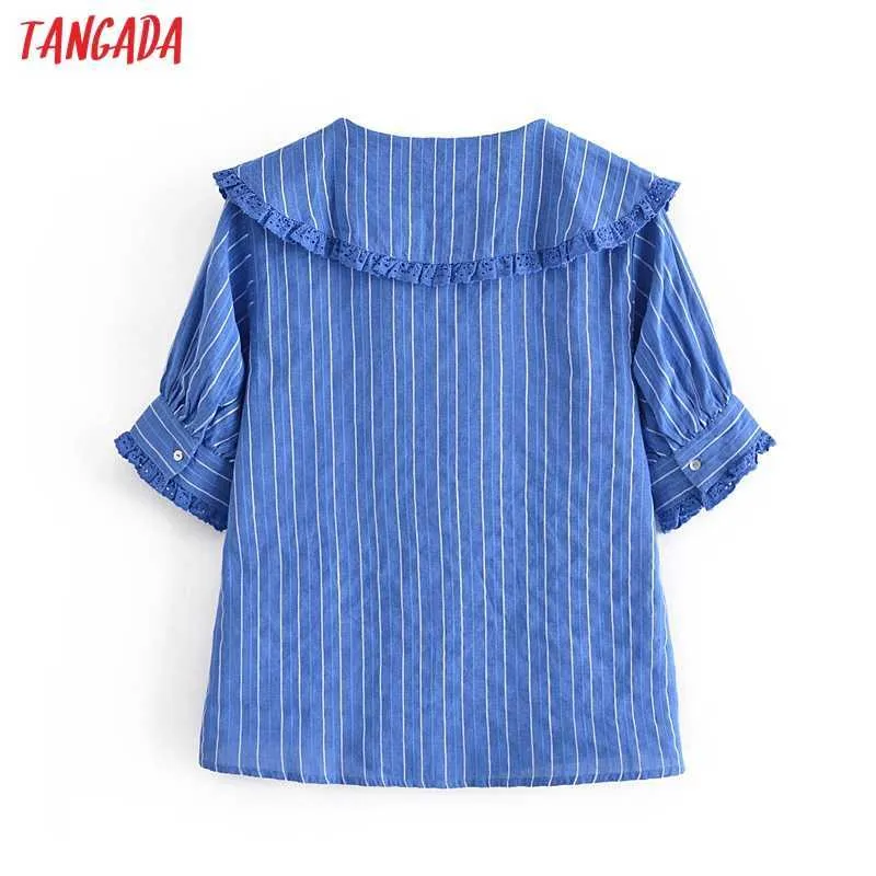 Tangada Camicia da donna con colletto oversize con stampa a righe blu retrò Camicia a maniche corte con camicetta corta da donna elegante 3H237 210609