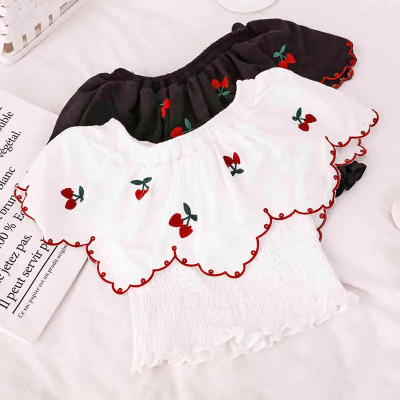 Kimutomo Sweet Embroidery Cherry Short Blouse Girls Slash Neck Off Shoulder Ruffles Short Sleeve Shirt Summer Korea Chic 210521