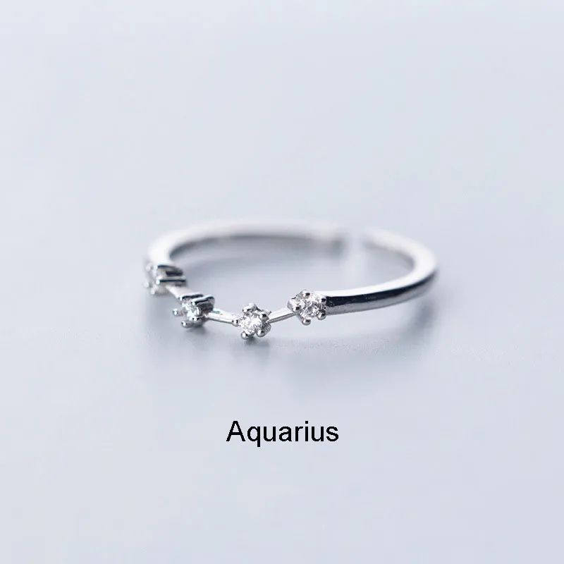 Inlaid Cubic Zircon 12 Constellation Zodiac Sign Rings for Simple Silver Color Adjustable Ring Jewelry Gift