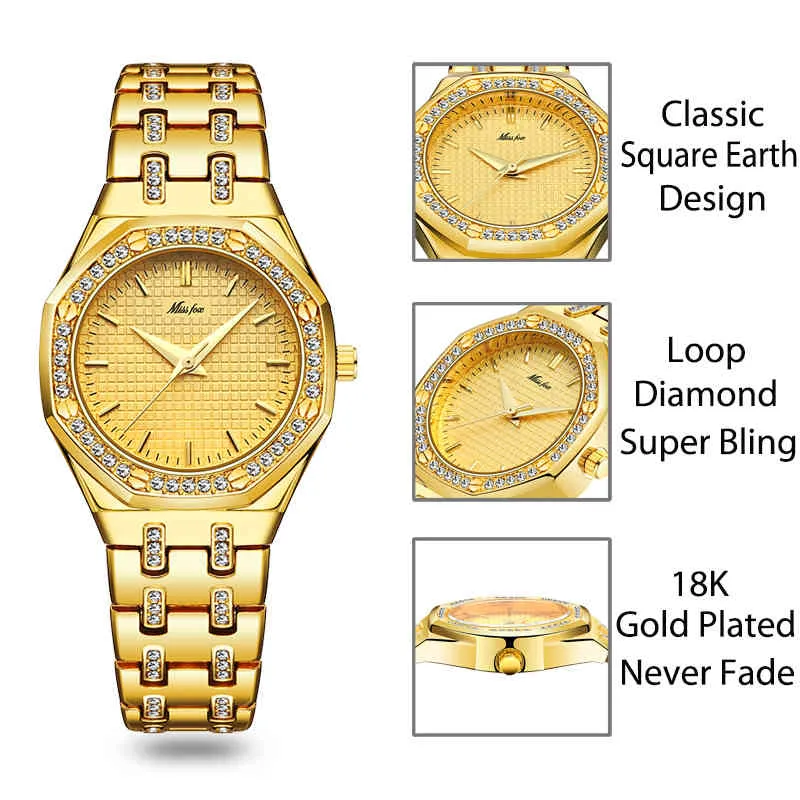 Moda mujer es caro 18K oro señoras muñeca mujer cuarzo clásico analógico diamante joyería mano reloj MISSFOX