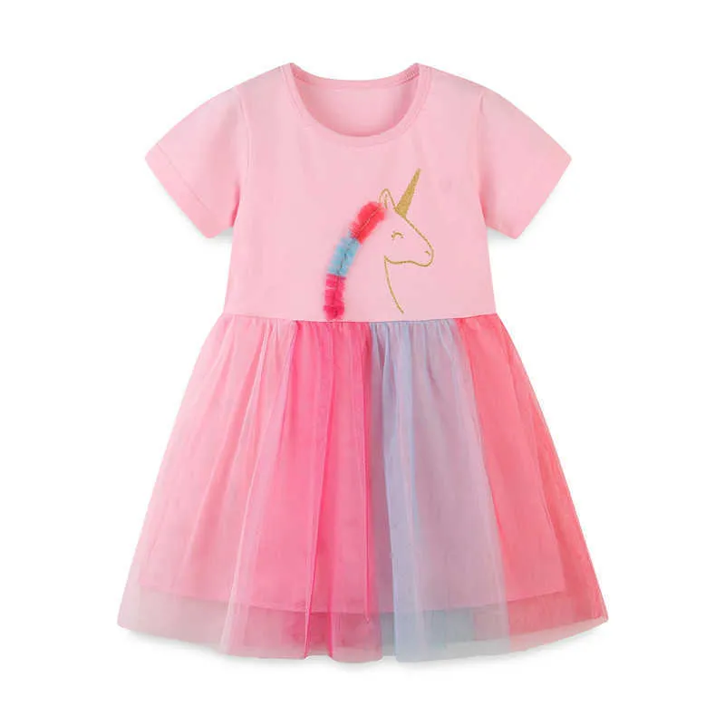 Atlama Metre Yaz Unicorn Kızlar Pamuk Çocuk Giysileri Vestidos Parti Örgü Tutu Doğum Günü Bebek Giyim Prenses Elbise 210529