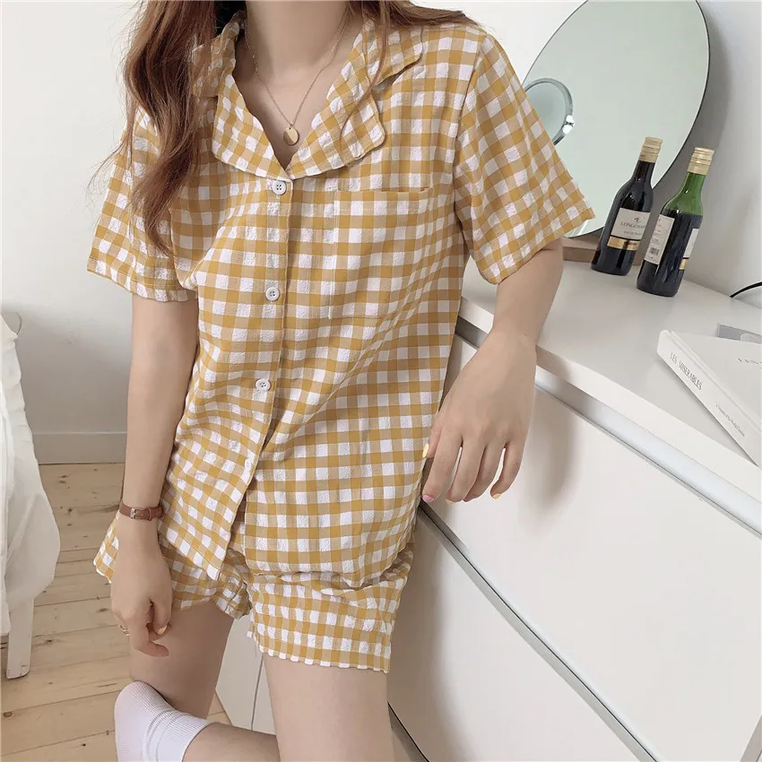 Plaid Summer Chic Women Girls Pajamas Sets Comfortable Sleepwear All Match Loose Sweet Homewear Clothe 210525