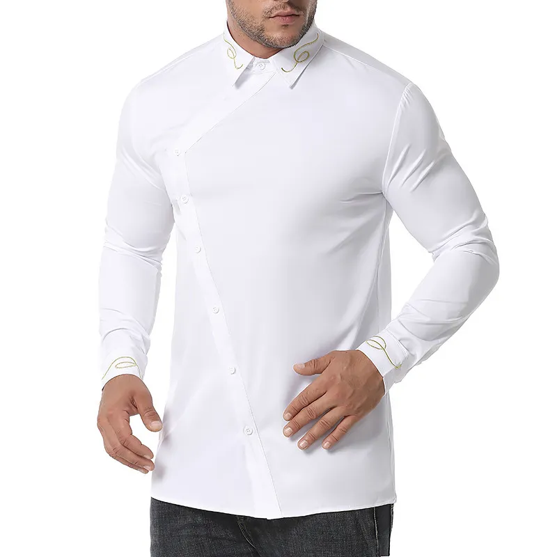 Elegante camicia bianca con ricamo irregolare Camicia da uomo casual a maniche lunghe slim fit Camicie da uomo feste di nozze Camicia sociale da uomo S-2XL 210522