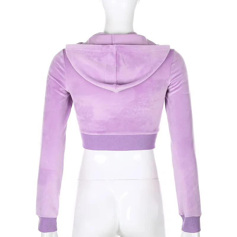 Streetwear Solid Felpa con cappuccio Crop Top Donna Slim Purple Zip-Up manica lunga Sudaderas Felpe con cappuccio autunno inverno 210415