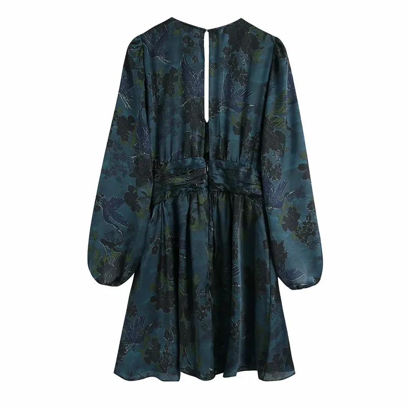 Women Summer Vintage Mini Print Pleated Dress Long Sleeve V-Neck Floral Fashion Street Female Elegant A-Line Dresses Vestidos 210513