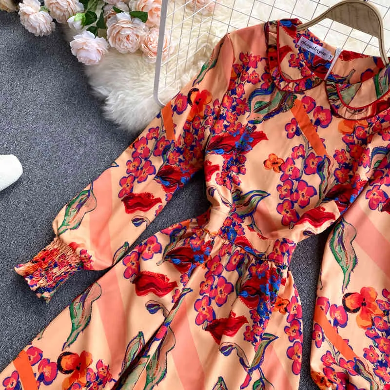 Singreiny French Retro Print Dress Kvinnor Puff Sleeve O Neck Elastisk Ruched A-Line Dresses Höst Fashion Streetwear Midi Dress 210419