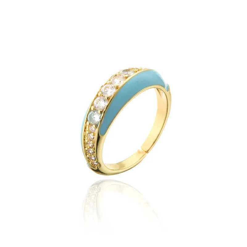 Colorful Enamel Open Ring Copper Gold Plated Clear CZ Engagement Eternity Band Stack Women Finger Ring X0715