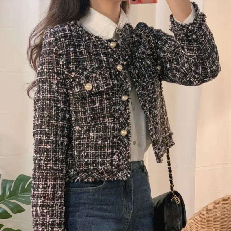 ZAWFL Autunno Inverno Tweed Giacche Donna O-Collo Manica lunga Cappotto di lana sciolto Monopetto Outwear Vintage Harajuku 210928