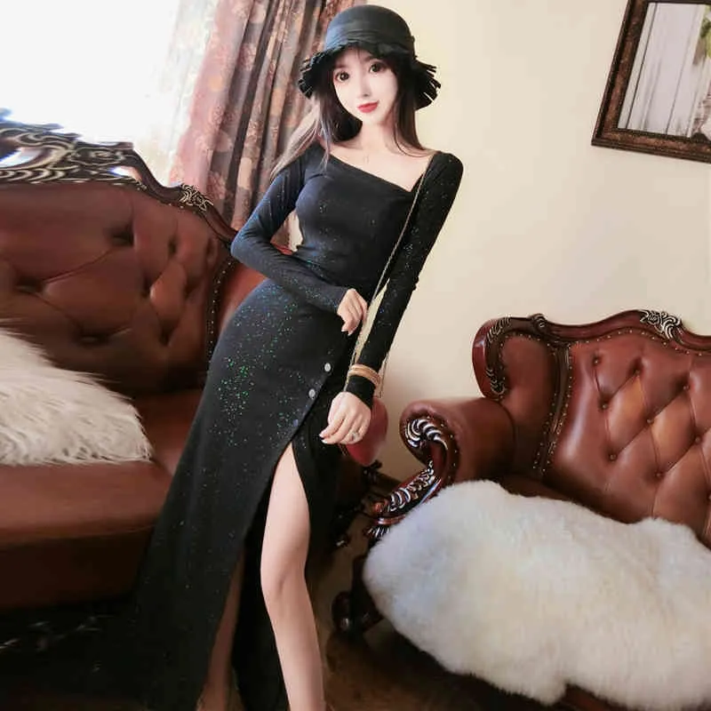 봄 가을 여성 드레스 섹시한 솔리드 컬러 스플릿 긴팔 한국어 스타일 슬리밍 여성 ES LL183 210506