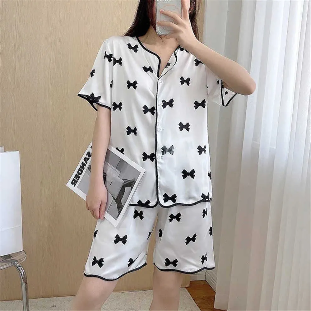 Doux Arc Imprimer D'été Pyjamas Ensemble Col Rond Manches Courtes Shorts Mignon Dessin Animé Vêtements De Nuit Femmes Home Wear Confort Pijamas Pyjama 210619