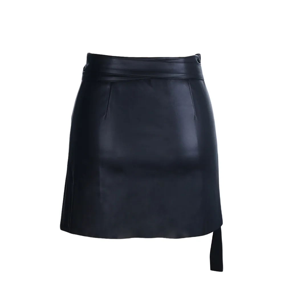 Summer Casual black women asymmetrical leather skirt sash Sexy slim mini skirt female High street PU skirts ladies spring 210514