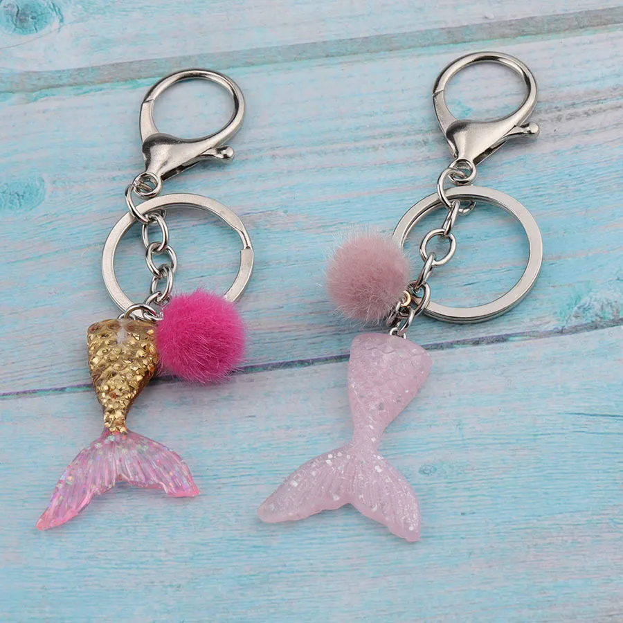 Jaymaxi Mermaid Hairball Key chains Imitation Enamel Ball Resin Gradient Fishtail Keychain Jewelry Wholes 