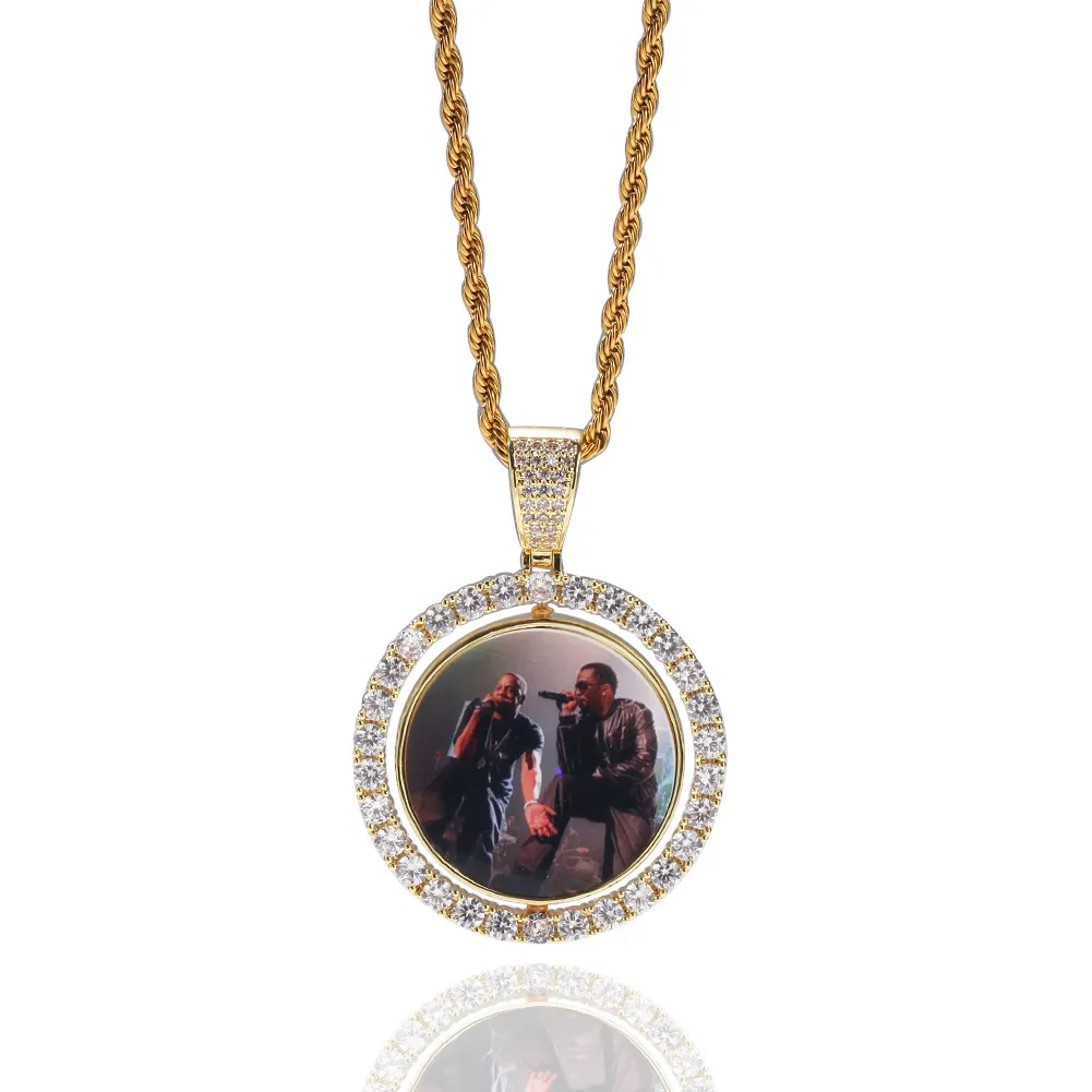 Fotos personalizadas colar moda ouro gelado para fora pingente rotativo masculino hip hop dupla face foto colares jóias