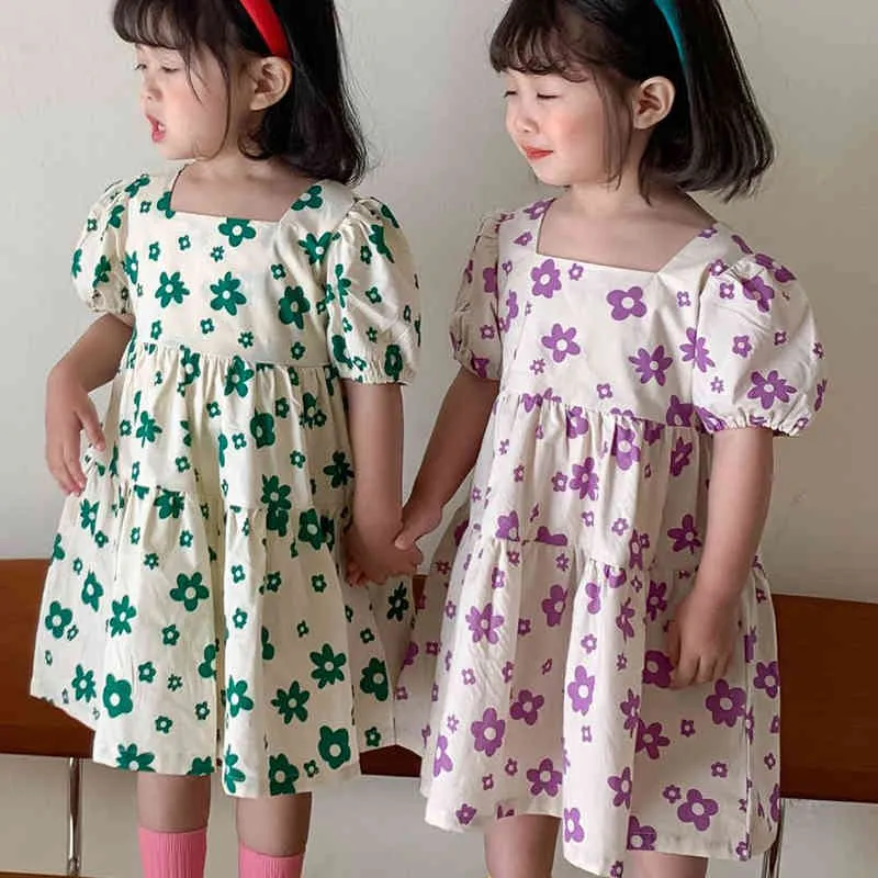 Vestido de menina verão manga curta flor impressão crianças criança criança roupa doce princesa 210515