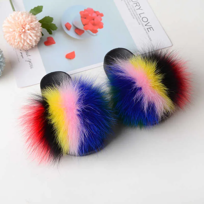 Kids Fur Slides Furry Home Slippers Fluffy Indoor Summer Flat Sandals Flip Flops Brand Luxury Girls Shoes Size 24-35 210712