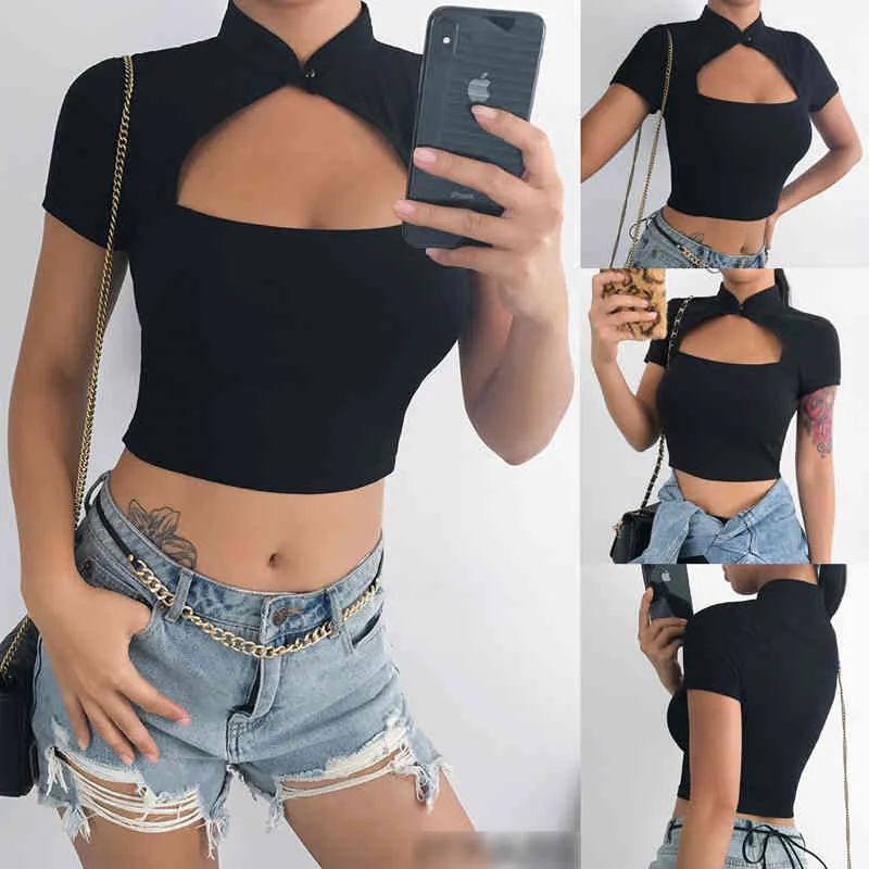 Kobiety T-shirt Sprzedaż Chiński Stojak Kołnierz Krótki Rękaw Topy Sexy Panie Przycięte Moda Slim Fit Hollow Out Summer Clubwear 210522