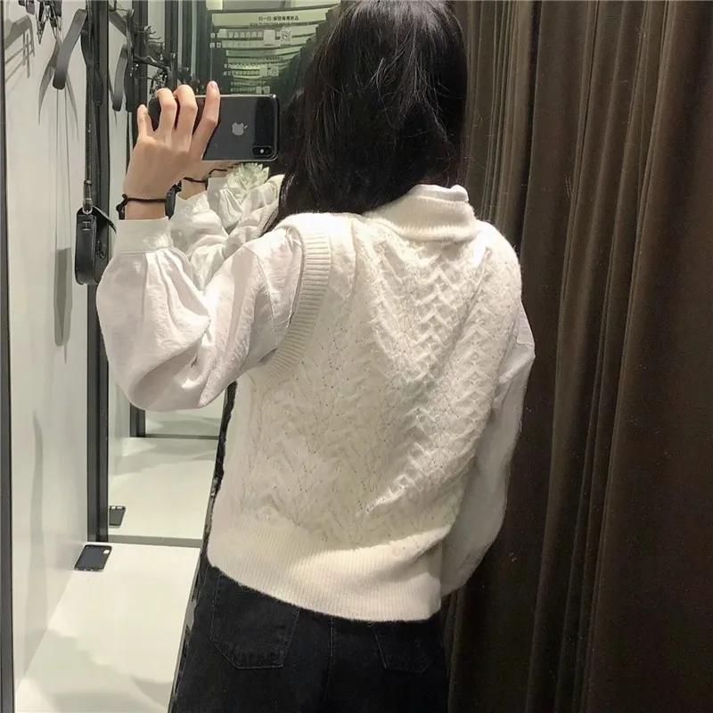 Beige Faux Pearl Knitting Vest Woman Winter Cropped V Neck Sleeveless Sweater Women Rib Cable Knit 210519