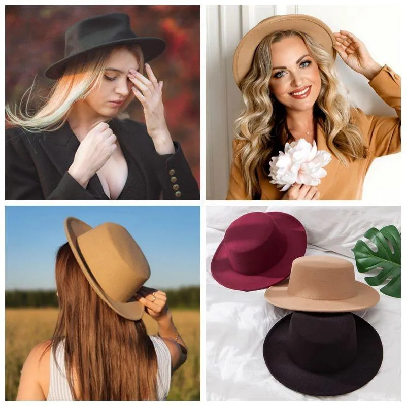 Chapéus de borda mesquinho Chapéu liso das mulheres, lã de imitação de jazz, cor sólida, asa larga elegante, britânica
