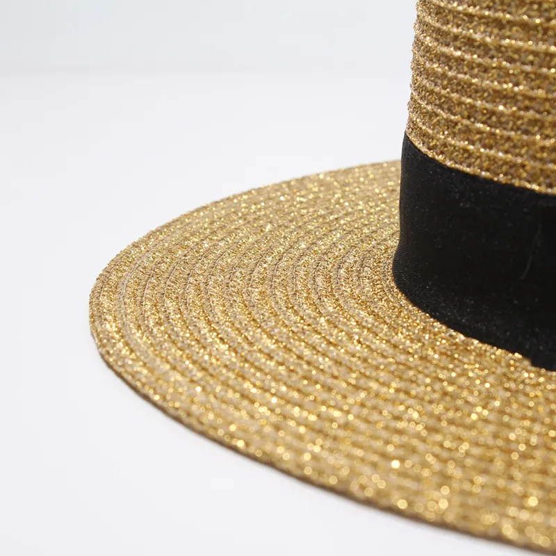 القبعة ذات الحواف المنسوجة على نطاق واسع من الذهب المعدني النحل الواسع القش كاب الوالدين والطفل مسطح القصة المنسوجة القش القبعة 259R