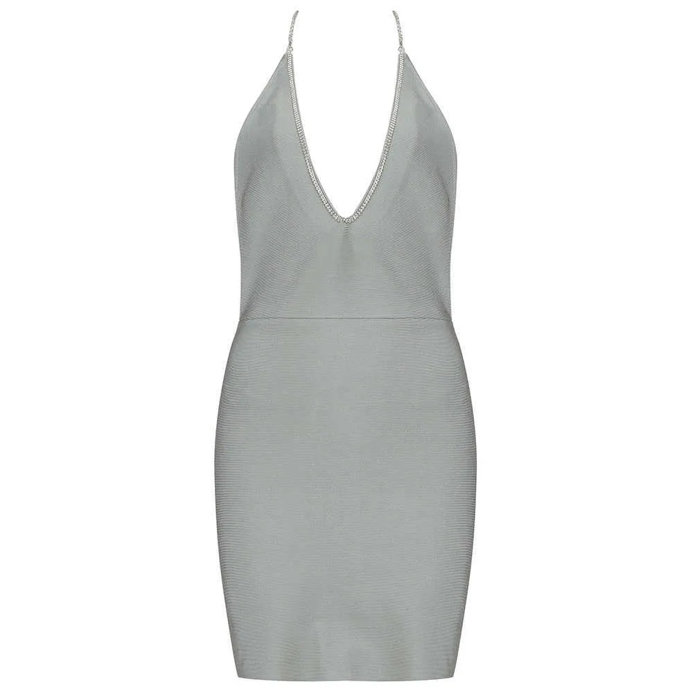 Ocstrade Bandage Dress Sexy V Neck Grå Bodycon Summer Women Backless Födelsedag Night Club Party ES 210527