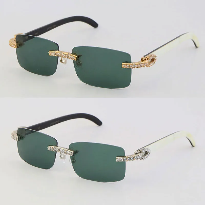 Neues Modell, handgefertigt, 2,6 Karat, Diamantbesatz, randlose Damen-Sonnenbrille, innen weiß, schwarzes Büffelhorn, Herren, berühmte UV400-Linse, Sonne, Gla267P