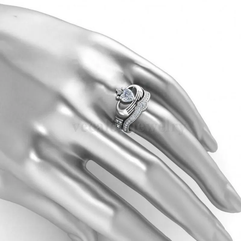 Anelli di nozze vecalon amanti del lusso Claddagh Ring 1ct 5A zircone Cz White Gold Pieched Engagement Band Set Women Men260e