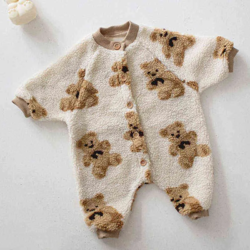 Winter Thicken Warm Baby Rompertjes Bear Print Peuter Jongens Jumpsuits Enkele Breasted Meisjes Kleding Fleece Out Suit 2111101