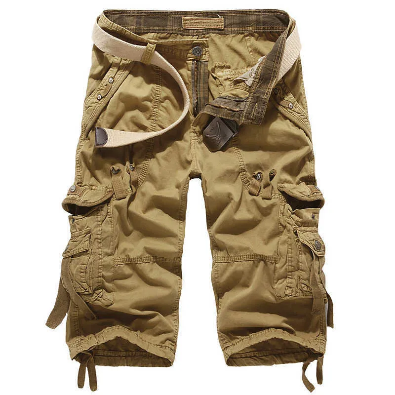 Drop Cargo Shorts Hommes Casual Entraînement Militaire Multi-poches Longueur mollet Pantalon court 210714