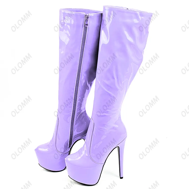 Rontic Frauen Winter Plattform Kniehohe Stiefel Sexy Stiletto Heels Runde Kappe Hübsche Violett Rosa Grau Party Schuhe Plus UNS größe 5-20